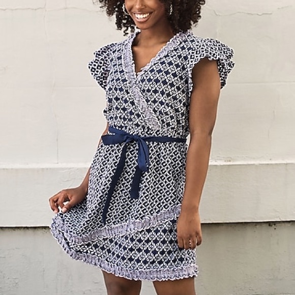 Express Printed navy and white Eyelet Lace Trim Faux Wrap Dress no belt size XL - Picture 2 of 15